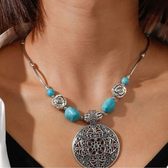 Jewelry - Bohemian Turquoise Medallion Necklace
